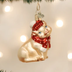 Old World Christmas Snowy Pig Blown Glass Ornament