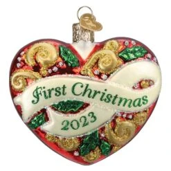 2023 First Christmas Heart Ornament Old World Christmas -Glitter Shop 30065 2023 First Christmas Heart Ornament Close up