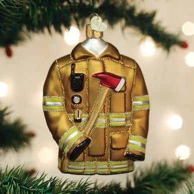 Old World Christmas Blown Glass Firefighter's Coat Ornament 3 Old World Christmas Blown Glass Firefighter's Coat Ornament